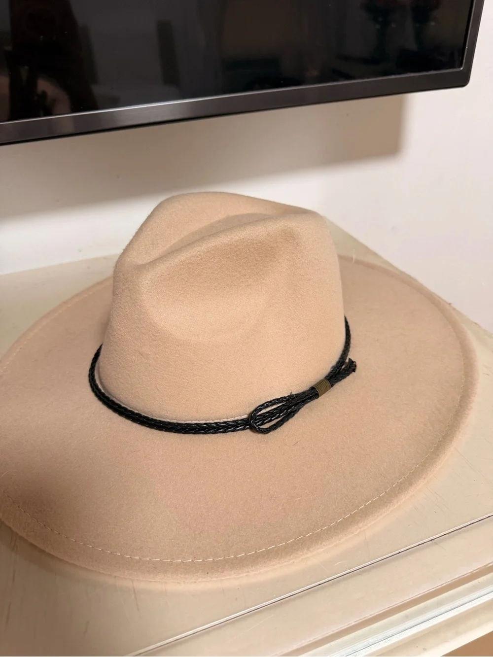 SO Beige Wide Brim Felt Fedora with Black Braid